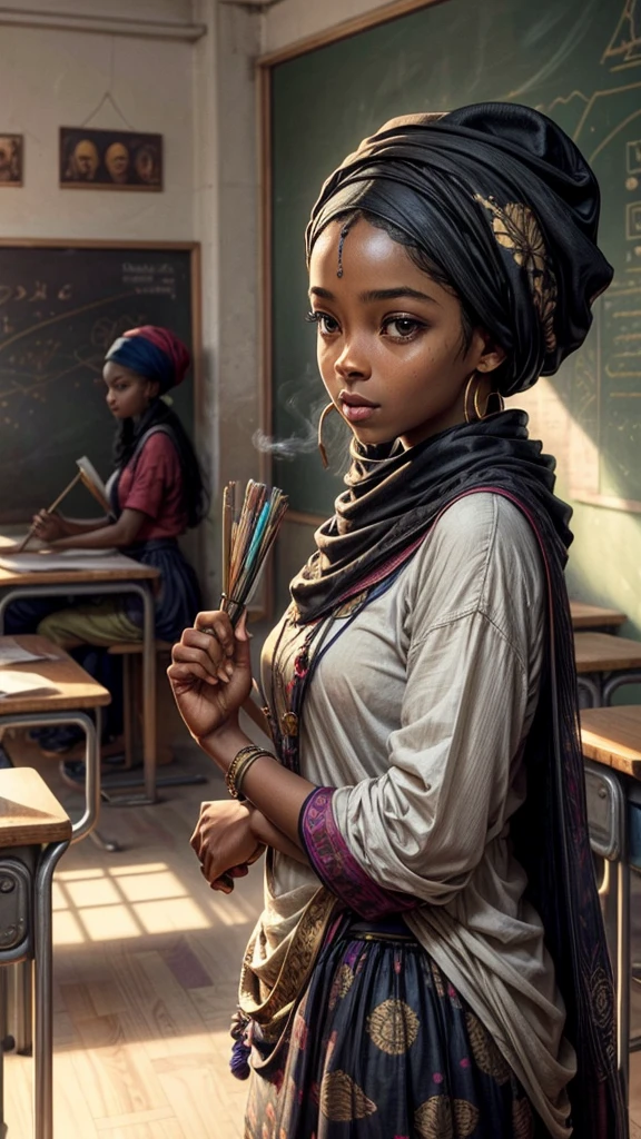 In a welcoming and vibrant environment, the classroom is filled with fabrics of every color and print imaginable. The walls are adorned with paintings depicting black women majestically wearing turbans., and a faint scent of incense hangs in the air, creating an atmosphere of tranquility and focus.