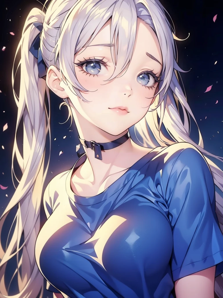 1girl, solo, portrait of a woman with blonde hair, long flowing pigtails, wearing a blue shirt, wearing a t-shirt, shirt tied in a shirt knot, exposed navel, anime illustration, anime girls, vivid colors, detailed facial features, dramatic lighting, digital painting, trending on ArtStation