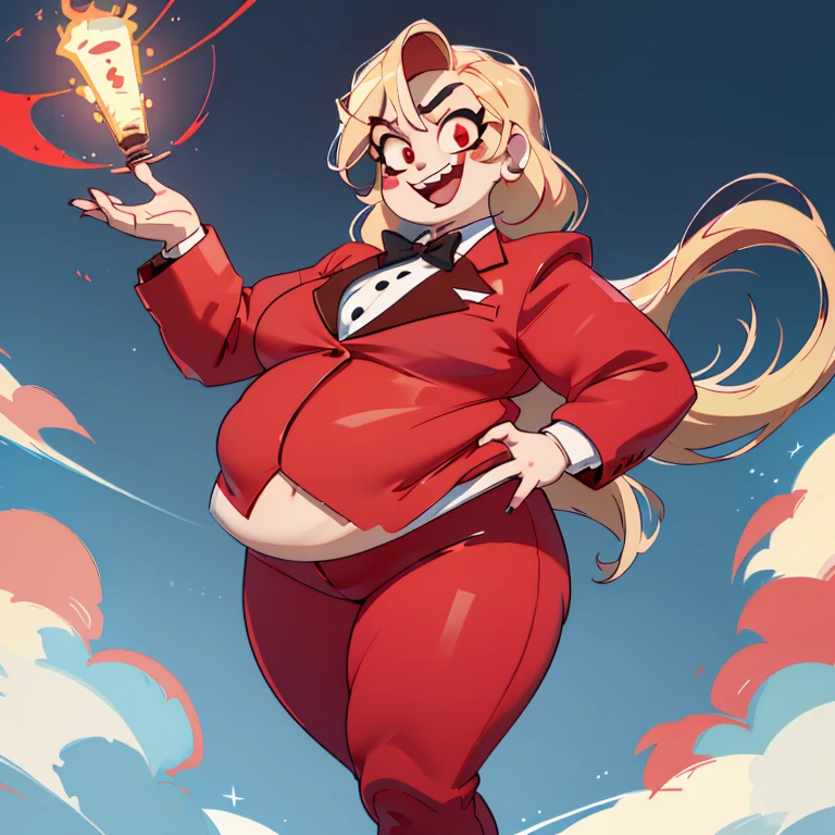 (masterpiece, best quality:1.2), cowboy shot, solo, 1 fat girl, fat charlie morningstar, \:d, looking at viewer, long hair, red suit, red pants, mature women, red eyes, black bow tie, black shoes, fang tooth, blonde hair
