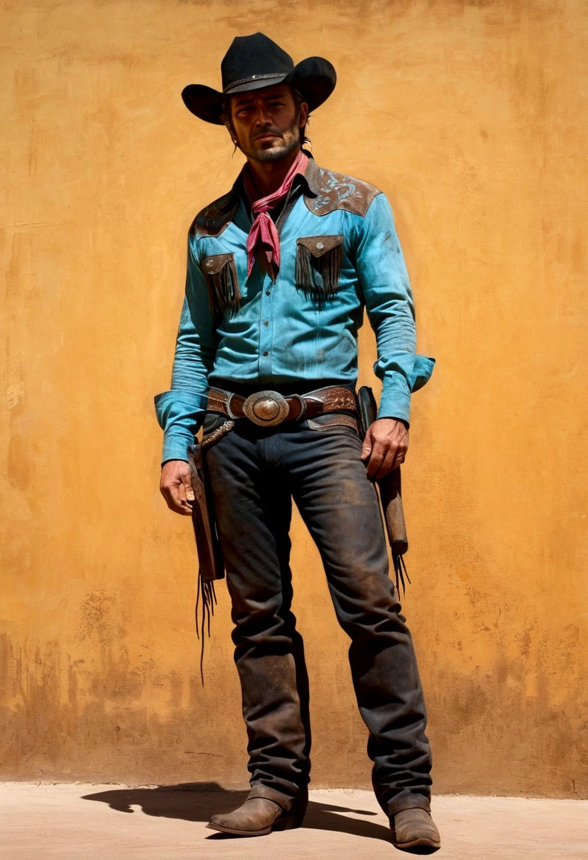 Western Cowboy, full body, by Guy Denning, cinematic still, (best quality, masterpiece), very aesthetic, perfect composition, intricate details, ultra-detailed, vivid colors