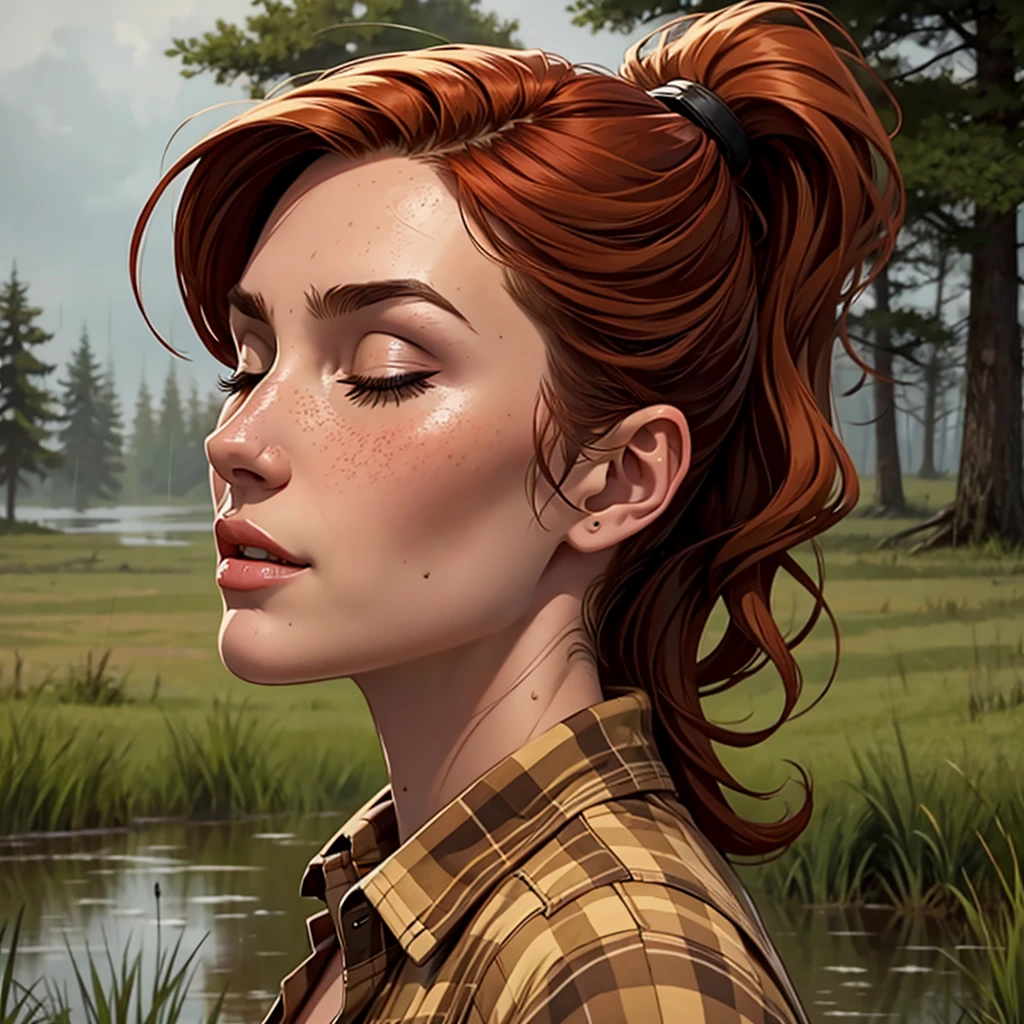 Comic style, solo girl, 1girl, Drowned in quicksand, swamp, bog, grass, tree, wearing unbuttoned flannel shirt, orgasming, looking up, eyes closed, from side, blush, muddy, messy, dirty, overcast weather, rain, Cowboy Shot, red hair, Ponytail,
