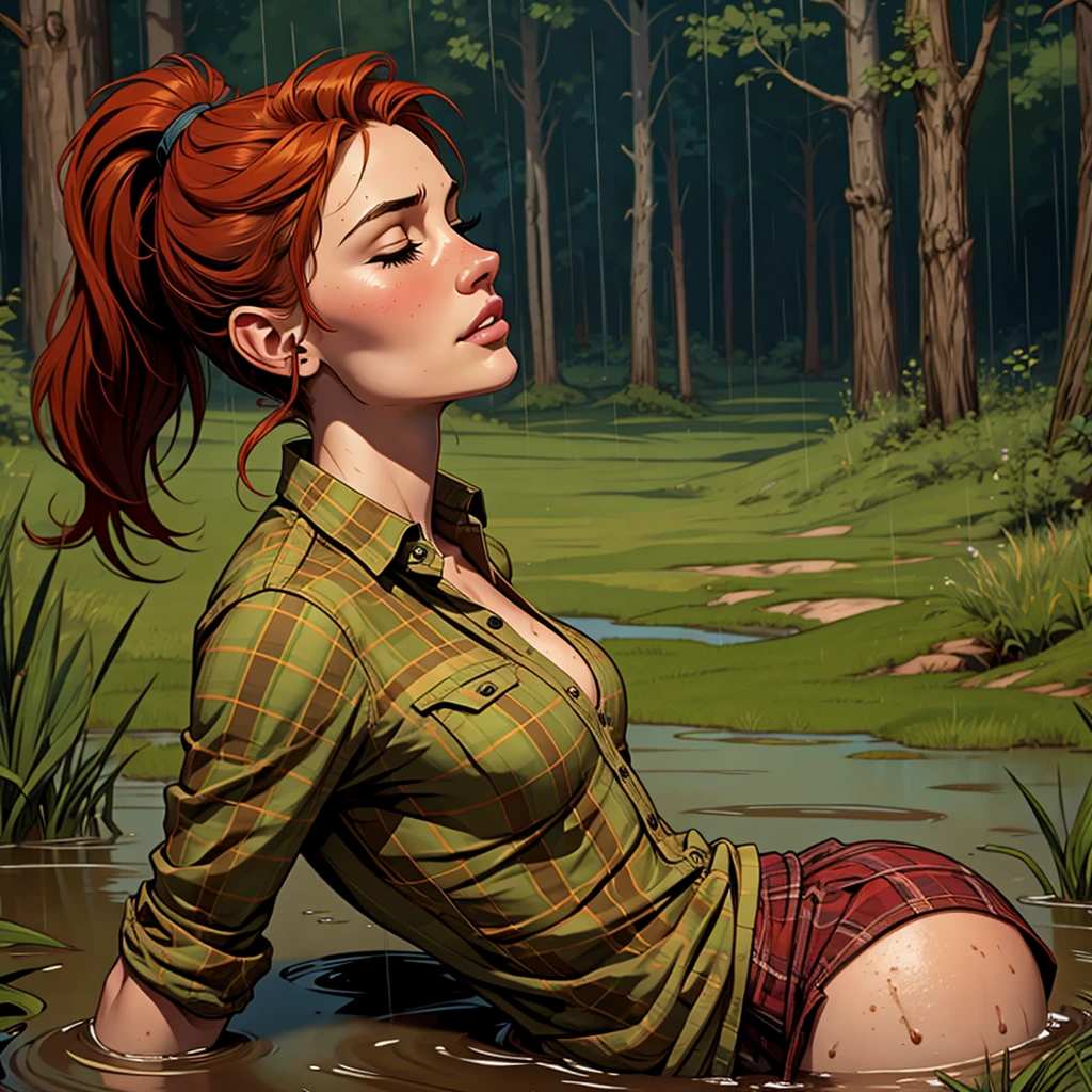 Comic style, solo girl, 1girl, Drowned in quicksand, swamp, bog, grass, tree, wearing unbuttoned flannel shirt, orgasming, looking up, eyes closed, from side, blush, muddy, messy, dirty, overcast weather, rain, Cowboy Shot, red hair, Ponytail, 