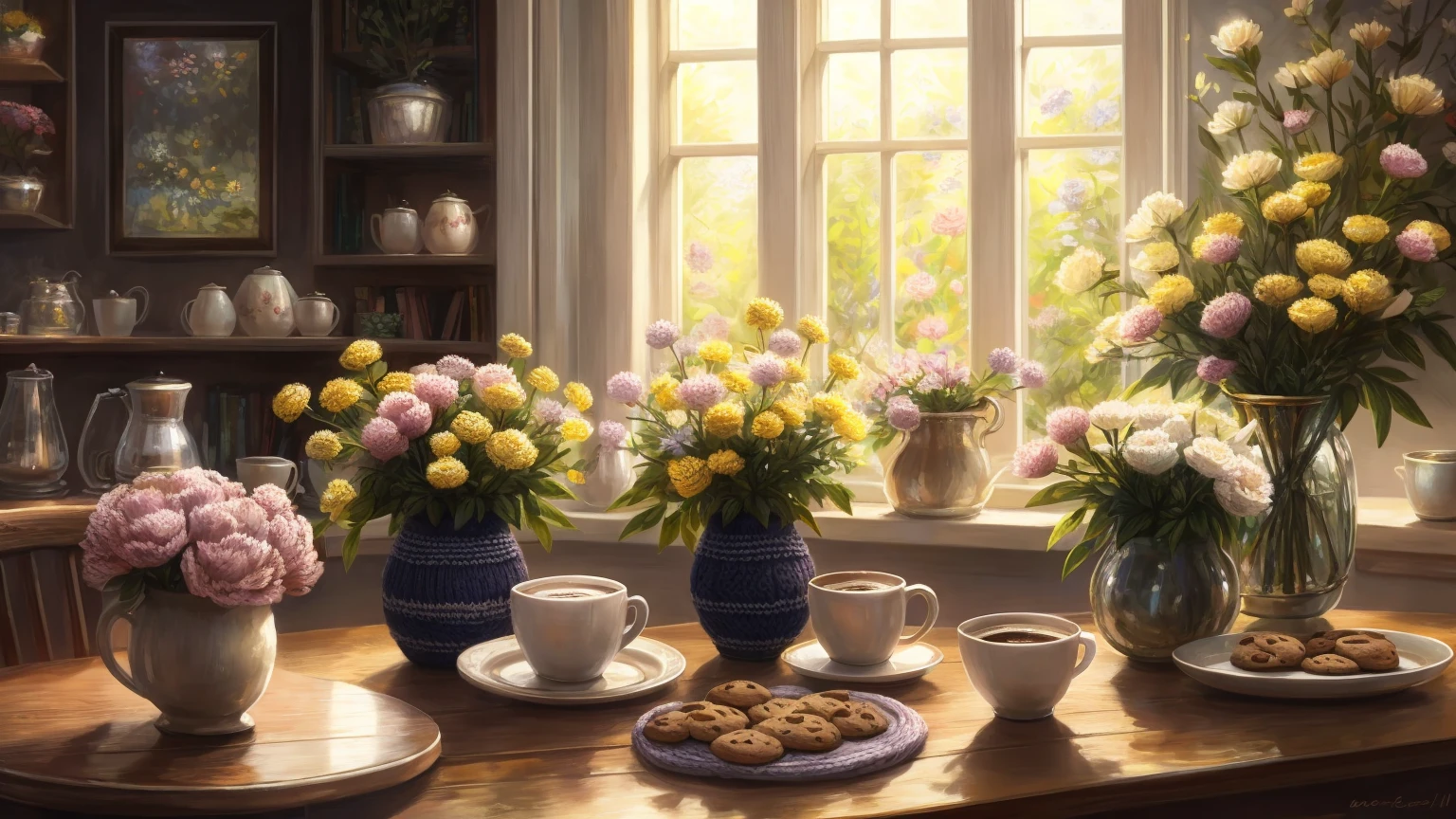 Create a photorealistic image in dark colors. white, red, yellow asters, peonies with greenery in a silver cup on a cafe table with a cup of coffee and cookies, a lot of details. pastel shades. impressionism. Light sunny home space background, where you can see knitted toys. Warmth and comfort. Fabulous atmosphere.