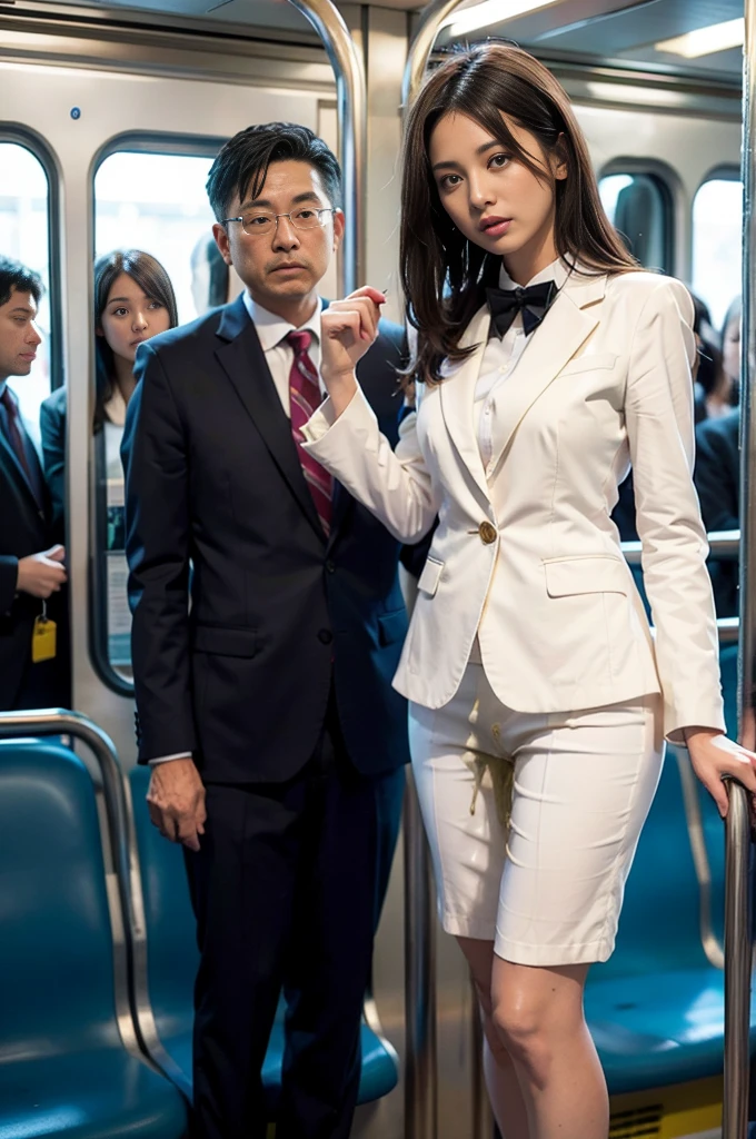 Female teacher urinates on crowded train、Peeing、incontinence、人混みで身動きが取れずincontinence、A large amount of pee makes the lower half of the body soaked、White suit、Perfect figure、Very beautiful、The floor gets wet with pee、Female teachers are shy