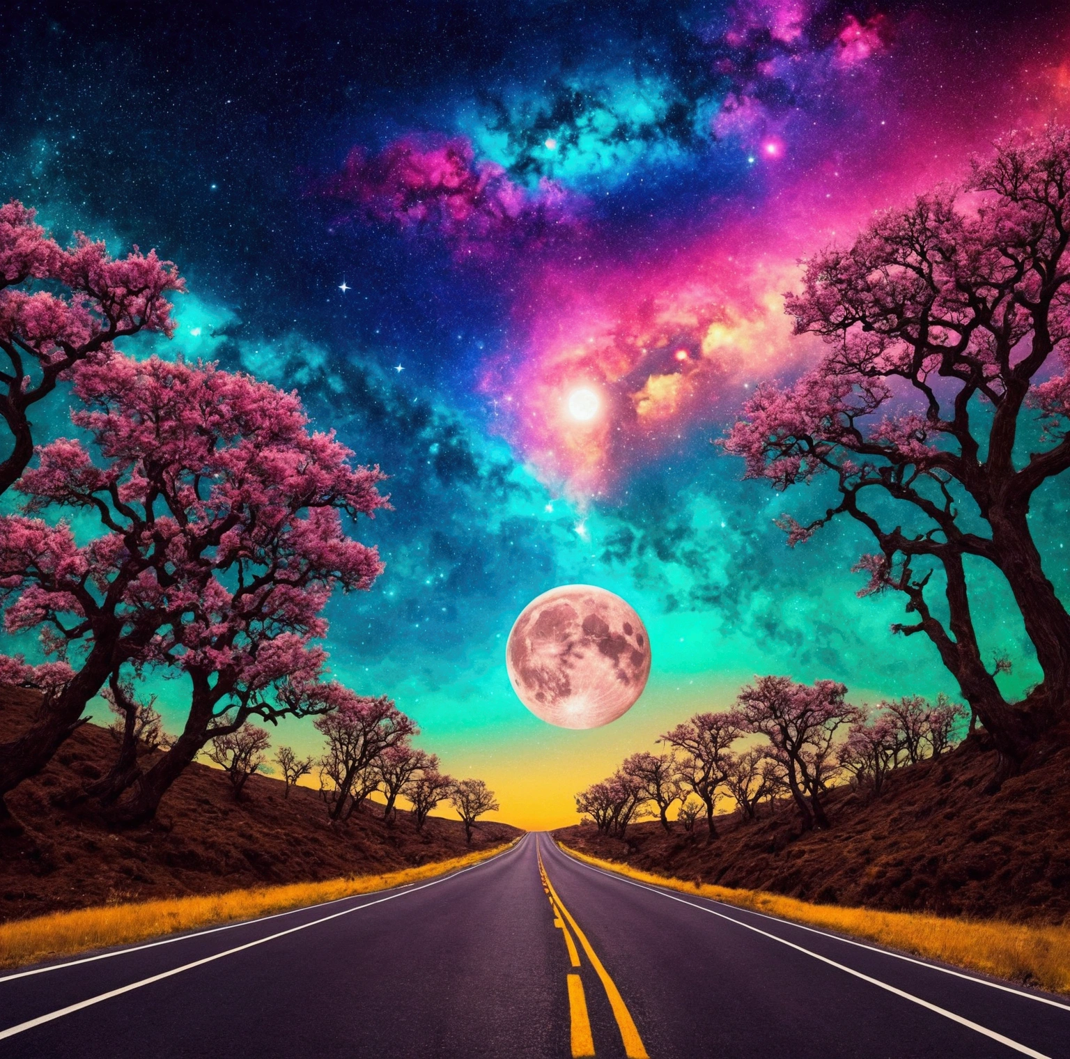trippy image- colorful- used for people who are high- moon- road- road trip- sky