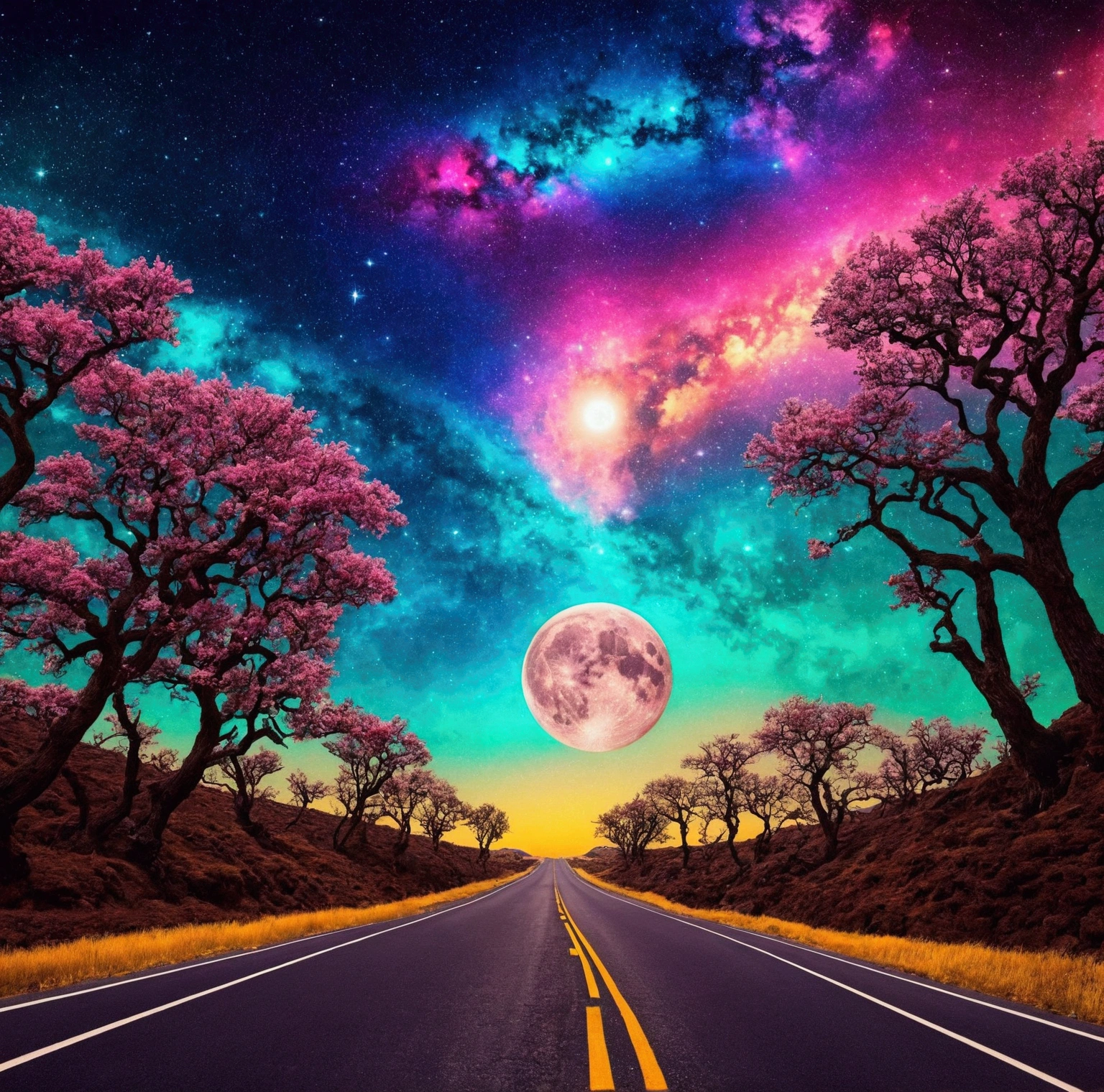 trippy image- colorful- used for people who are high- moon- road- road trip- sky