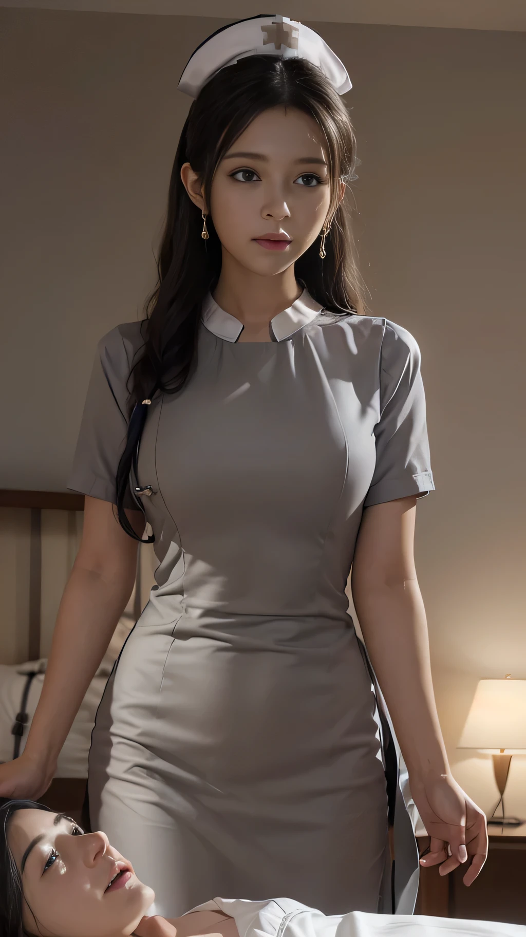 (in the bedroom: 1.6), fantasy art, photorealism, motion lighting, artstation, poster, volumetric lighting, very detailed faces, 4k, award-winning, 1girl, in the dark, deep shadow, low-key, cowboy shot, (nurse uniform: 1.4), long hair, gray hair, half-body, terminal, big