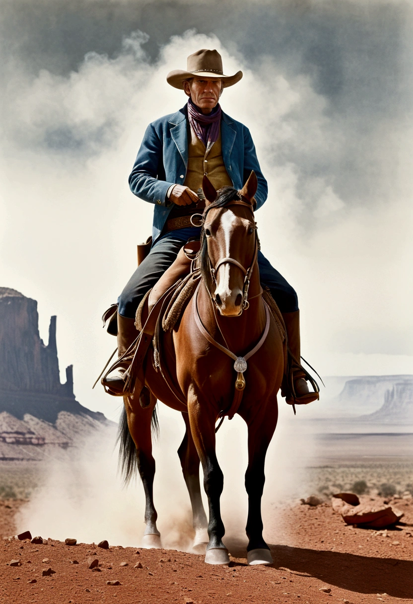 Western Cowboy, full body, by Leonid Afremov, cinematic still, (best quality, masterpiece), very aesthetic, perfect composition, intricate details, ultra-detailed, vivid colors