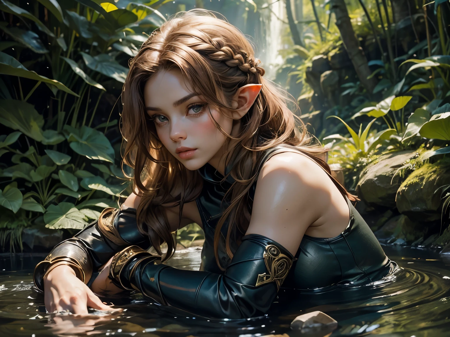 Echo, a 22-year-old half-elf. She has caramel skin with a golden glow, thick light chestnut hair with soft waves, and brown eyes with green hues. Her face is oval with soft features and pronounced cheekbones, adding harmony. She has full, attractive lips with a natural blush. Her beauty radiates strength and confidence, and a slight scar over her right eyebrow adds a warrior's touch. Her ears are small, like a human's, but pointed like an elf's. Her physique is athletic, toned, slim, and flexible, with rounded, firm curves. She wears leather bracers on both wrists, with a decoration in the shape of a translucent white orchid made of precious stones in the left bracer. Echo kneels by a stream, washing her hands after training. The camera is shot from the front at an angle, showing her athletic figure and harmonious forms. Her light chestnut hair is braided, lying on her back. She wears a dark leather vest and dark turquoise pants that tightly hug her figure. Throwing knives are attached to her right thigh. The stream's water sparkles in the sunlight, surrounded by greenery and flowers. Her face is calm but focused, her eyes surveying the area.
