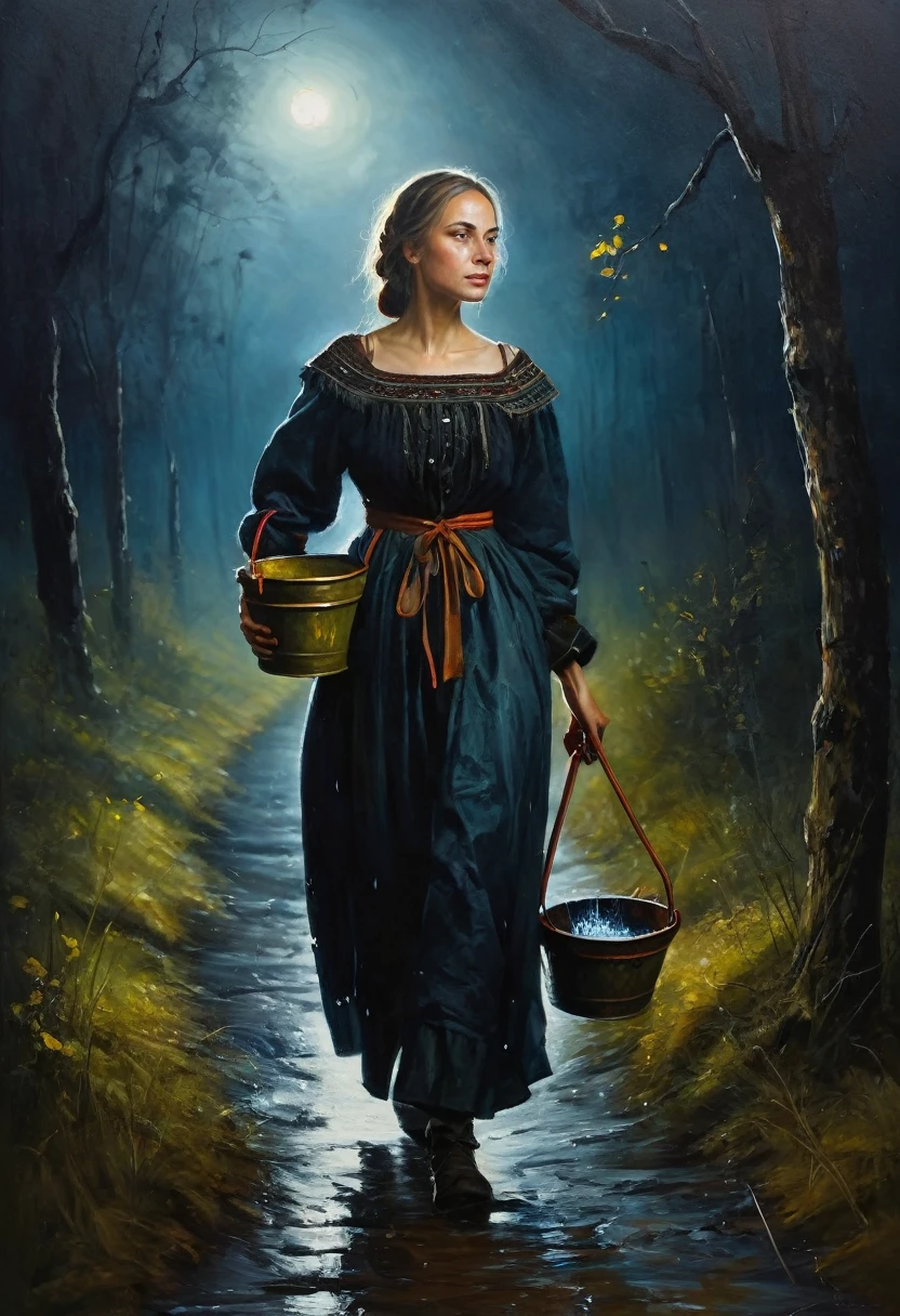 painting of a woman in Russian folk clothes walks along a path, ((carries a yoke with buckets full of water)), against the backdrop of a night forest , dark atmosphere, dark atmosphere, Inspiration, cinematic scene, volumetric lights, ultra realistic, in the style of nicola samori