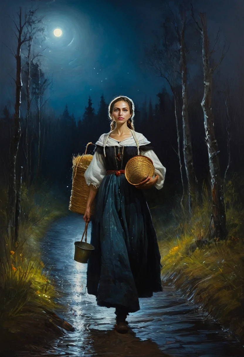 painting of a woman in Russian folk clothes walks along a path, ((carries a yoke with buckets full of water)), against the backdrop of a night forest , dark atmosphere, dark atmosphere, Inspiration, cinematic scene, volumetric lights, ultra realistic, in the style of nicola samori