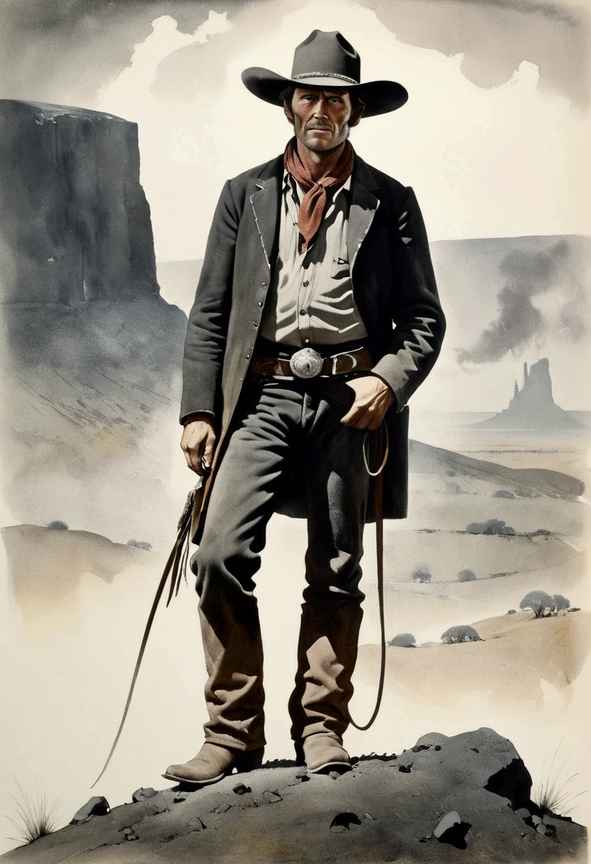 Western Cowboy, full body, by Leonid Afremov, cinematic still, (best quality, masterpiece), very aesthetic, perfect composition, intricate details, ultra-detailed, vivid colors