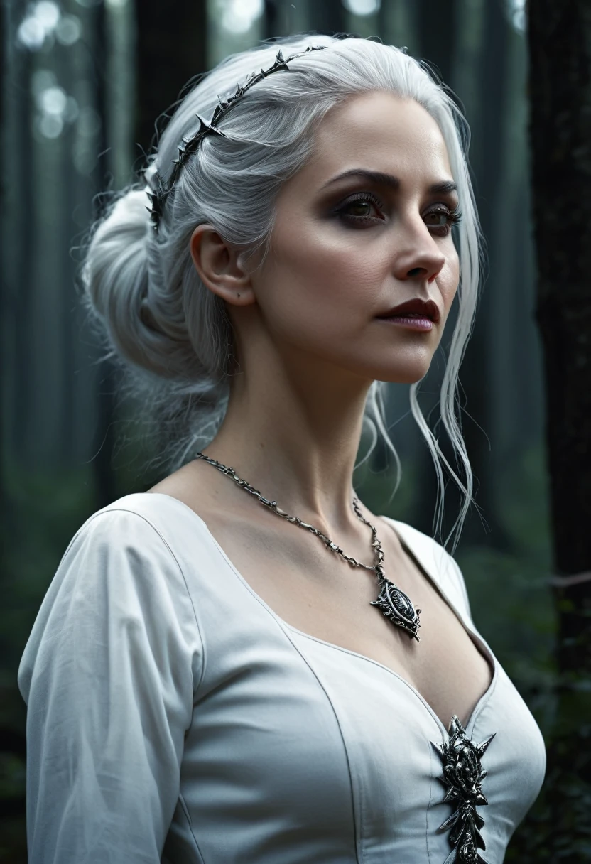 13:25:39
a beautiful woman, 30 years old, caucasian, grey eyes, white hair, witch, profile portrait, white clothing with bone details, sharp bones around, dark forest background, (best quality,4k,8k,highres,masterpiece:1.2),ultra-detailed,(realistic,photorealistic,photo-realistic:1.37),intricate details,chiaroscuro lighting,moody atmosphere,dramatic lighting,dark fantasy,gothic,occult