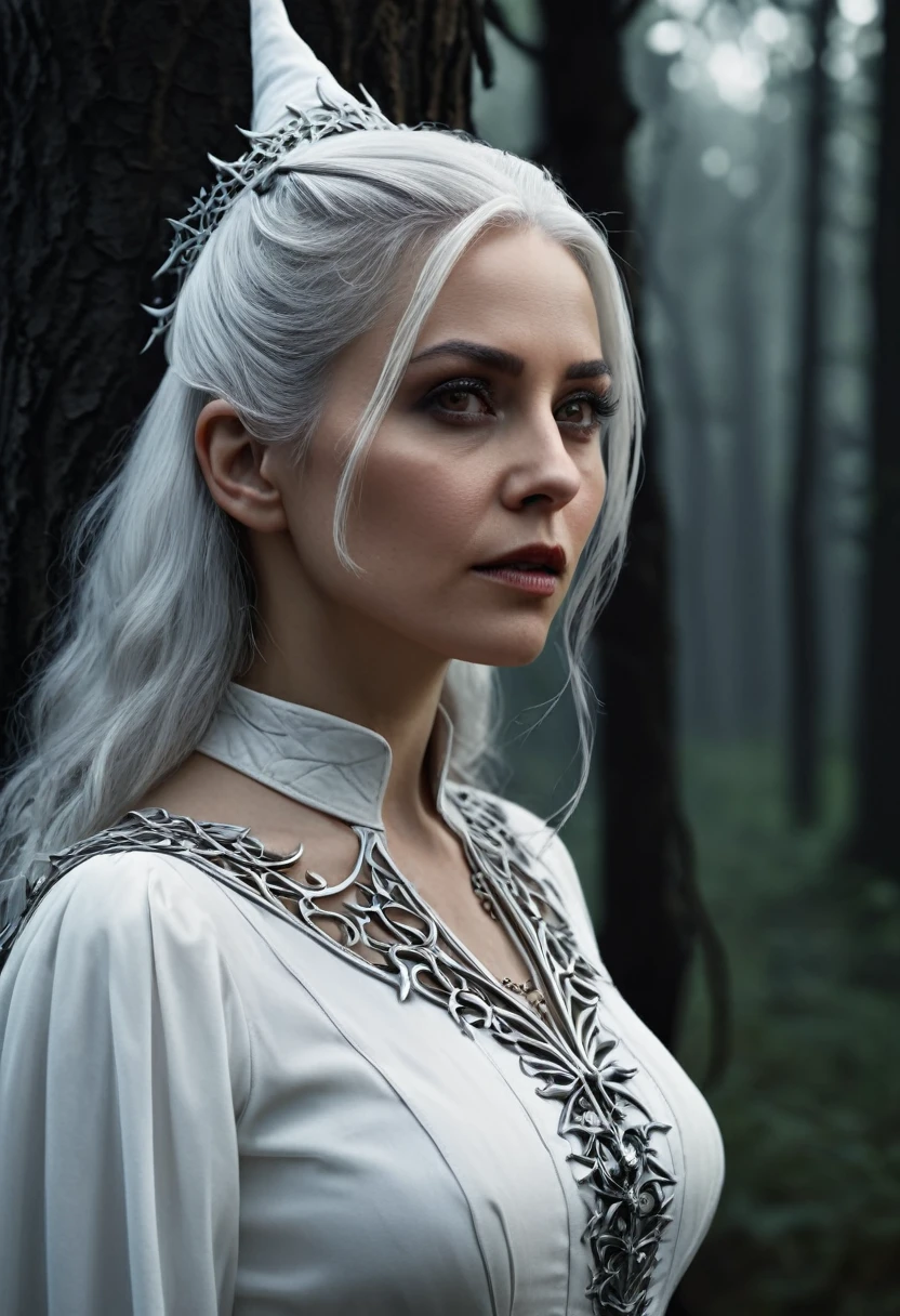 13:25:39
a beautiful woman, 30 years old, caucasian, grey eyes, white hair, witch, profile portrait, white clothing with bone details, sharp bones around, dark forest background, (best quality,4k,8k,highres,masterpiece:1.2),ultra-detailed,(realistic,photorealistic,photo-realistic:1.37),intricate details,chiaroscuro lighting,moody atmosphere,dramatic lighting,dark fantasy,gothic,occult