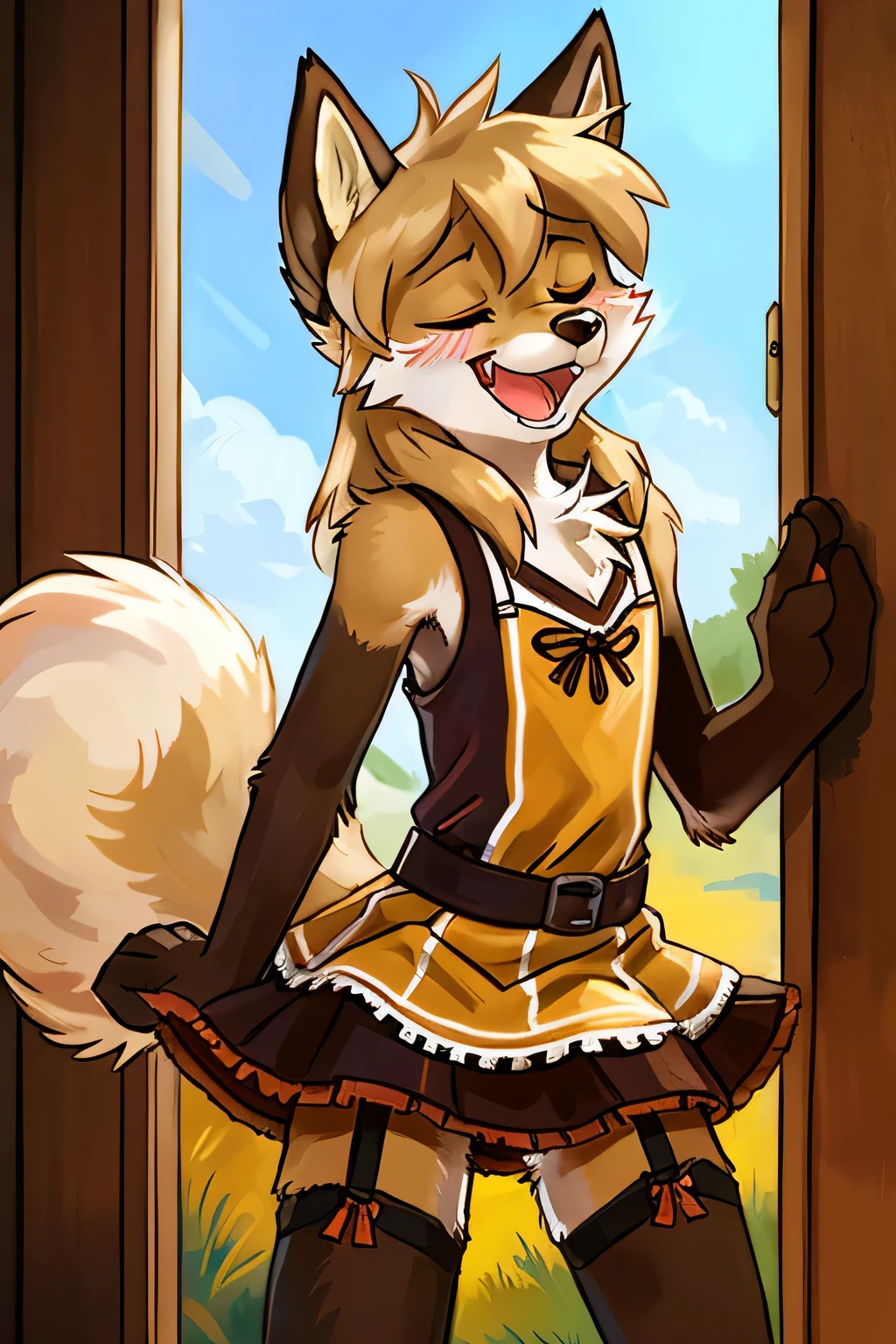 alone, Wolf, ((male)), thin, Day, ((Twink)), detailed, Uploaded to e621, beautiful and detailed portrait of an anthropomorphic boy, Faux Hawk Hair, (((male))), subtraction, Uploaded to e621, (detailed German Oktoberfest dress, garter, petticoat, Underwear is visible), blush, Laughter, close your eyes, Focus on the rear, Fluffy tail