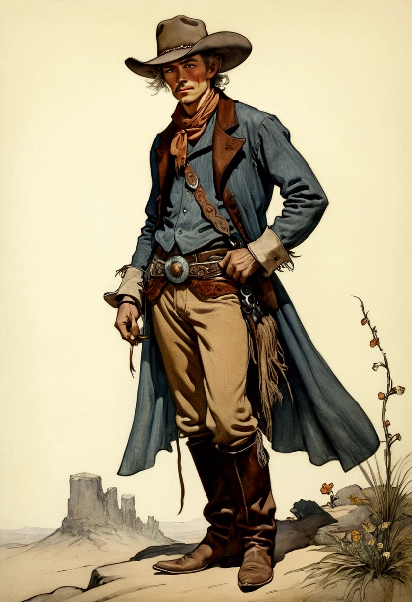 Western Cowboy, full body, by Arthur Rackham, cinematic still, (best quality, masterpiece), very aesthetic, perfect composition, intricate details, ultra-detailed, vivid colors
