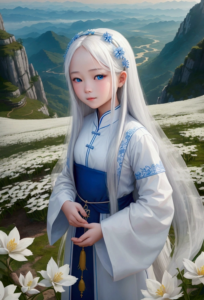 In the style of tiên hiệp, the background is a sect on top of a mountain. A -yeld ginamed Liên, beautiful, with fair skin, long white hair, dressed in white, and blue eyes, is playing joyfully among the flowers