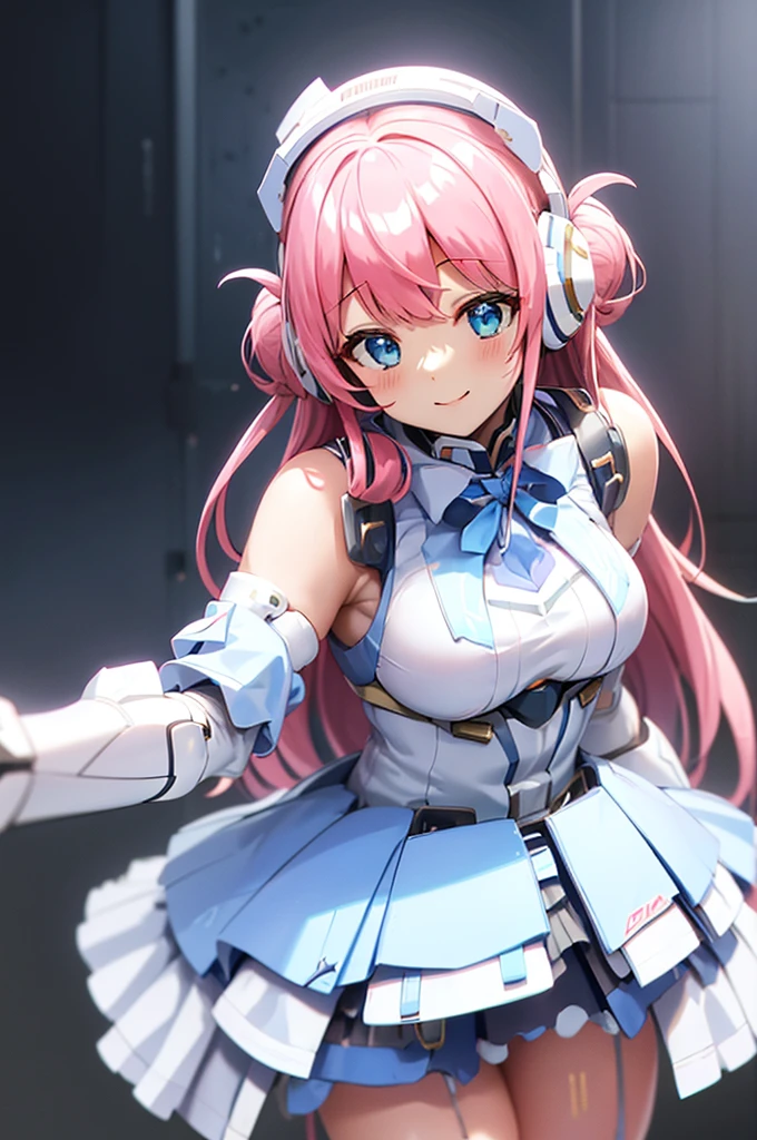 mecha wings、White and blue skirt、Accentuated thighs、White tights、chest、Beautiful pink hair、1 girl、solo girl、Thick thighs、IS、Frame Arms Girl、Alice Gere Aegis、White Armor、income、headphone、hand on own chest、smile