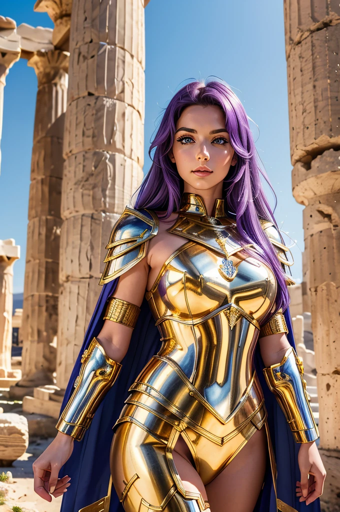 one woman, 25 year old, Greek goddness, purple hairs, blue eyes, greece, ancien temple, perfect bosy, masterclass, HD, 8k, wearing an armor, gold armor, armure cisellée, zodiac armor design, mythological armor, white cape, dark enegy aura, in an ancient greek temple in ruins