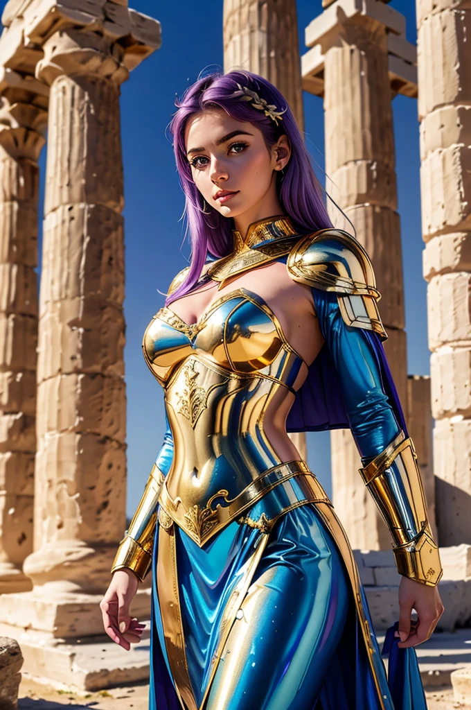 one woman, 25 year old, Greek goddness, purple hairs, blue eyes, greece, ancien temple, perfect bosy, masterclass, HD, 8k, wearing an armor, gold armor, armure cisellée, zodiac armor design, mythological armor, white cape, dark enegy aura, in an ancient greek temple in ruins