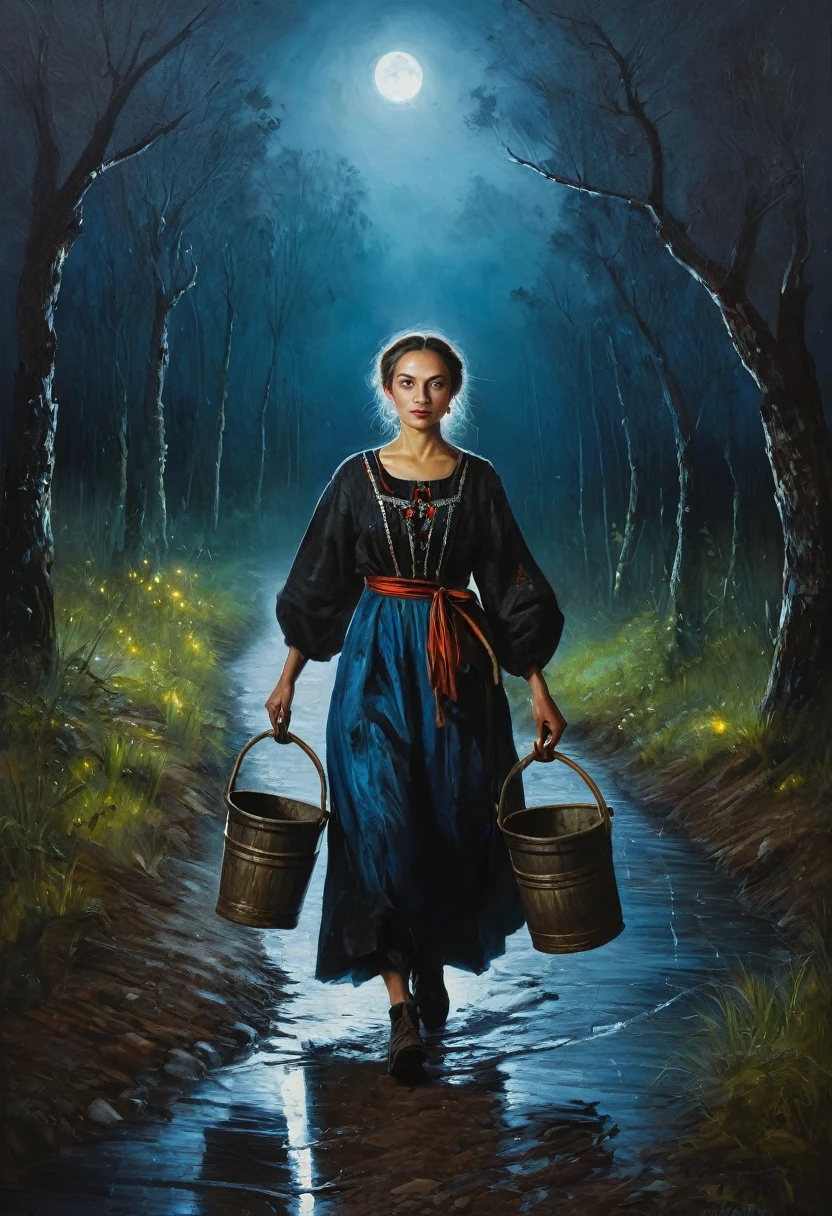 painting of a woman in Russian folk clothes walks along a path, ((carries a yoke with buckets full of water)), against the backdrop of a night forest , dark atmosphere, dark atmosphere, Inspiration, cinematic scene, volumetric lights, ultra realistic, in the style of nicola samori