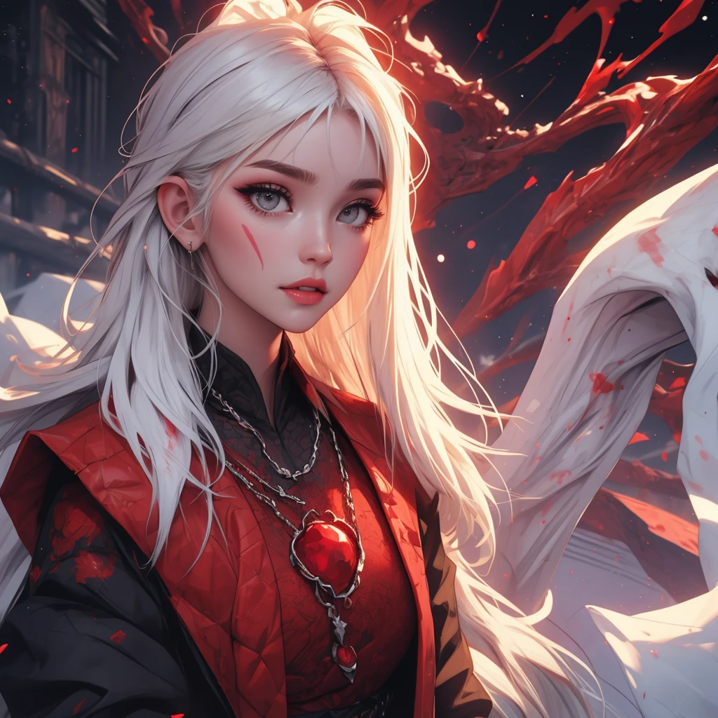 ruby core eyes, divinity, (Effect of blood particles around your head, Lots of blood effect) tattoo, make up, Passing night landscape, A beautiful girl with, UHD portrait, (high qualiy) (ultra details) Looking at the viewer in hip-hop style streetwear; different, fullcolor, very white and long hair 🌈