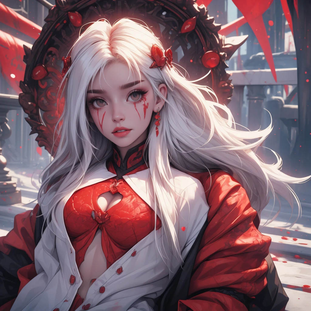 ruby core eyes, divinity, (Effect of blood particles around your head, Lots of blood effect) tattoo, make up, Passing night landscape, A beautiful girl with, UHD portrait, (high qualiy) (ultra details) Looking at the viewer in hip-hop style streetwear; different, fullcolor, very white and long hair 🌈