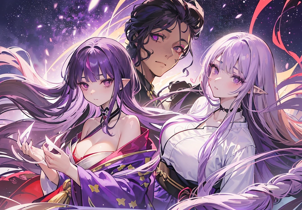 Background of fireworks、(40 years old:1.4) 、(1 woman:1.4)、(Light purple hair:1.4),tareme、(straight long hair:1.7), Sexy black yukata,medium breasts,(droopy eyes:1.2)、Cheek dyeing、(purple right eye:1.4), medium breasts,(red left eye:1.4) 、(Eyeshadow:1.3)、(blush:1.2)、light smile、full body、(Brown skin:1.4)、Pointed ears