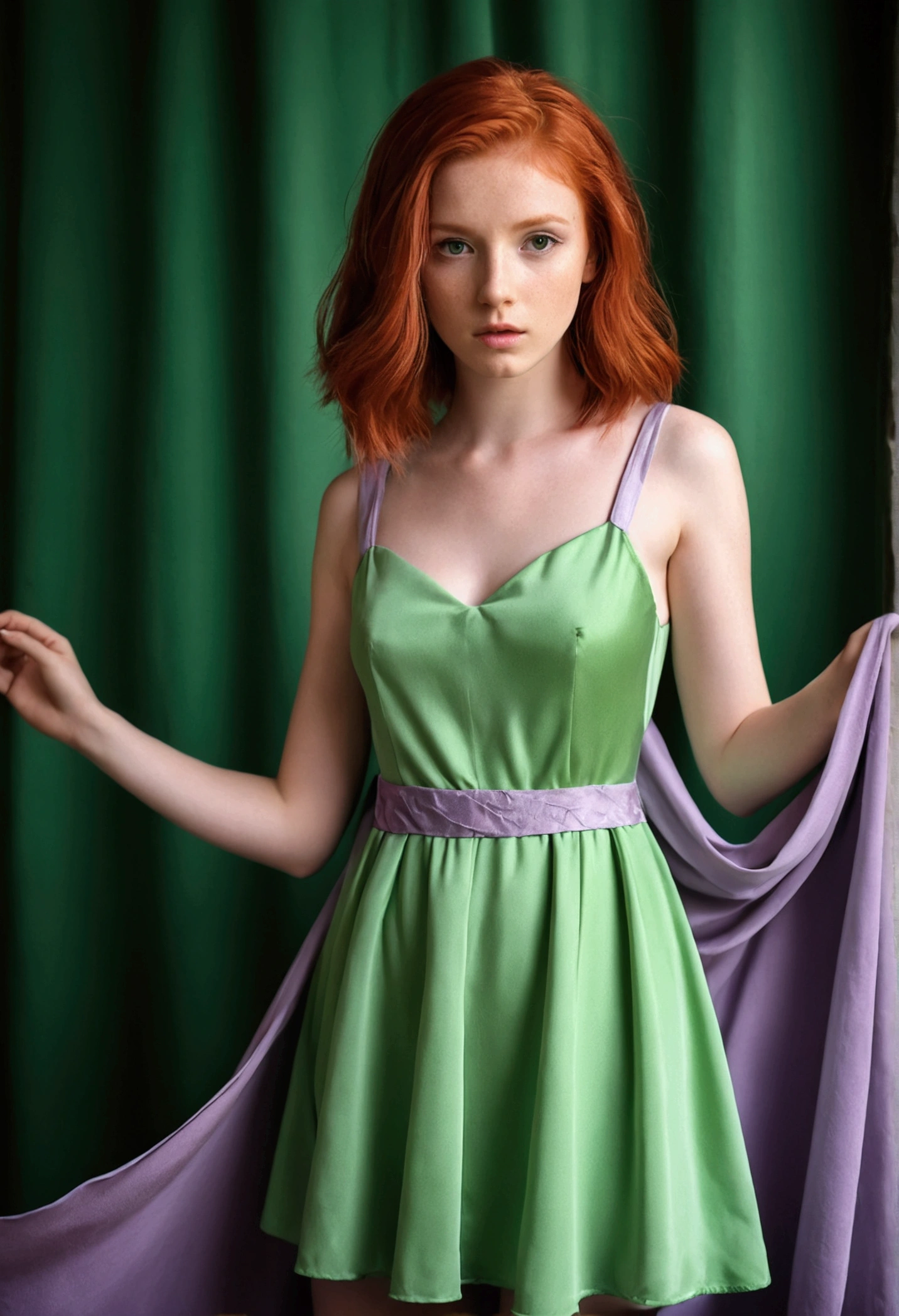 A cute red-haired girl in a short light purple dress and a green lethal cloth 