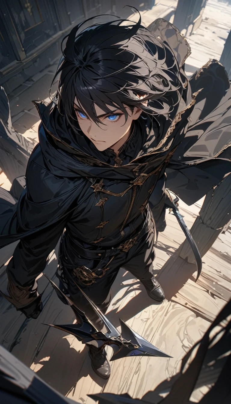 Adult guy, long black hair, blue eyes, hood, thief form, cape, shadow, daggers, Masterpiece, best quality, Full HD, 8k, ultra details, great graphic