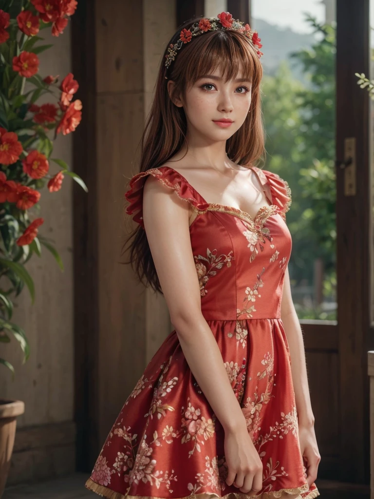 Kasumi, brown eyes, (best quality, ultra-detailed), (realistic:1.37), beautiful and detailed face, ultra-realistic texture, delicate face, delicate body, red lipstick, bright colors. High definition, 8K. expression with a slight sweet smile
