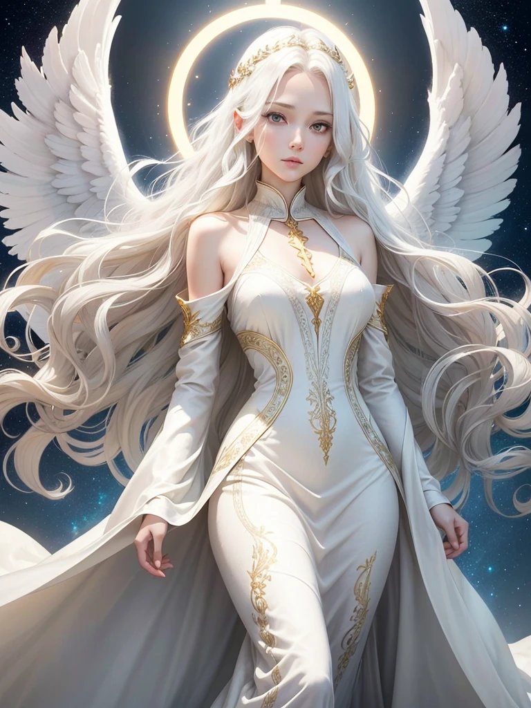 a slender, attractive, beautiful albino angel woman, golden halo, with wavy white hair, light gray eyes, wearing a tunic, a kind of long dress made of wool or linen, neckline was generally longer and more decorated white with golden details , illuminated sky background,