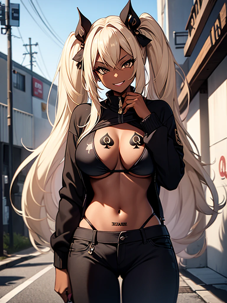 Canguro, make it better, make it better makeup, black skin, tan, tanned, very black skin, road, long hair, blonde hair, Twintail,  A black bikini that says black on it., Good at sports, trousers,
big breasts, adult, queen of spades symbol, queen of spades symbol tattoo on crotch, smile