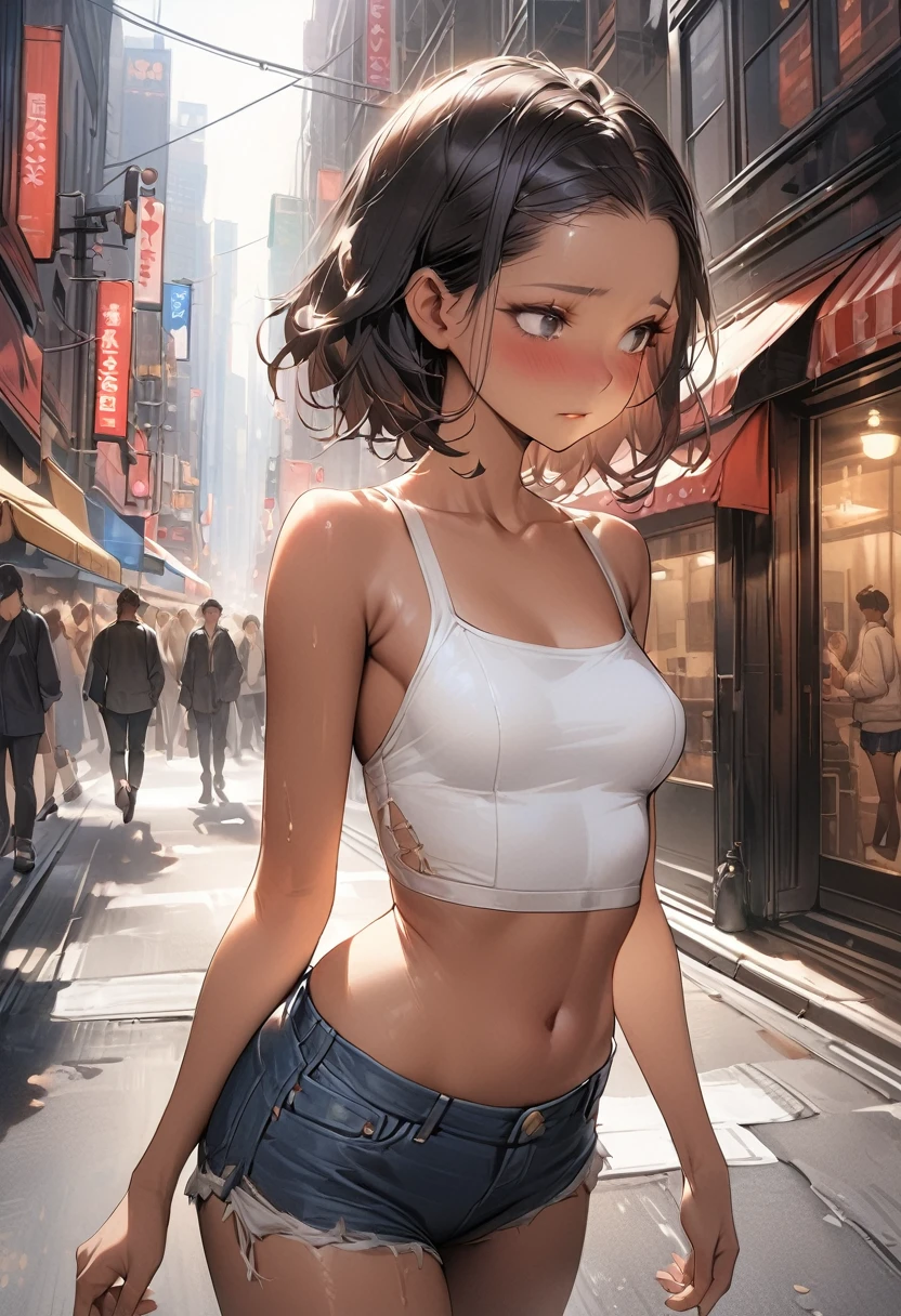 ((masterpiece,Highest quality:1.3,best quality illustration)),(realistic:1.2)、cowboy shot,独奏,1woman,(Mature Beauty),black hair,(very short bob hair),bangs,black eyes,(gorgeous big eyes),(very small head),shy,smile,(very long body,skinny,slender body,tan skin),small breasts,gleaming skin,oily skin,((Navy blue casual blouson))、denim micro shorts,White tank top,on street,New York City、