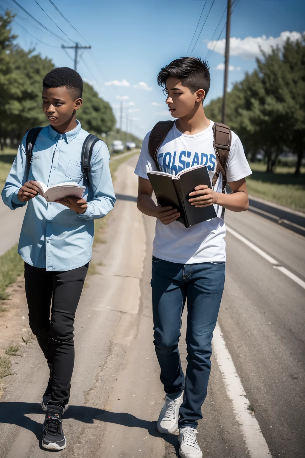 Two teenage boys, one and a boy on a road with a book in his hand going to preach the gospel of Jesus