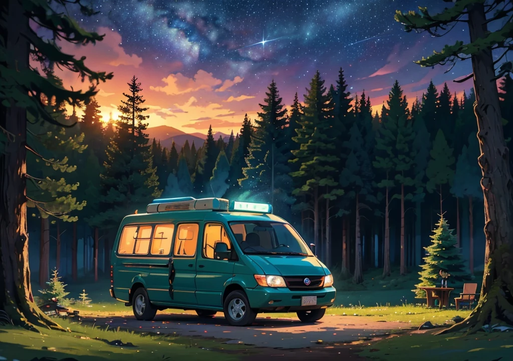 70,0 pxDraw a lofi anime poster style scene of a van in the forest, fairy decoration, camp fire, BBQ, starry sky, wilderness, dense forest, natta, beautiful color palette, vibrant saturated colors, work of art, cinematic cloudy sky, no human