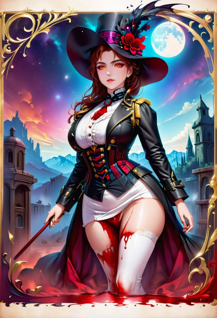 (Victorian photograph style: 1.5) picture of a female vampire cowboy in the desert night, a goth beauty, exquisite beautiful female vampire, ((anatomically correct: 1.5), (ultra detailed face: 1.2), best detailed face, red glowing eyes, full body, busty, wearing white bottom shirt, short skirt, dynamic color. wearing (cowboy hat: 1.2), wearing high heeled boots, wearing open black trench coat, flowing trench coat, she has a pistol in a holster, it is night time in the desert, moon light. moon rays, west America desert canyon background, Hyperrealism style, vibrant, Ultra-high resolution, High Contrast, (masterpiece:1.5), highest quality, Best aesthetics), best details, best quality, highres, ultra wide angle, 16k, [ultra detailed], masterpiece, best quality, (extremely detailed) RAW, chumbasket art style, rpg portrait photograph, BloodSoakedAI, victorianstyle