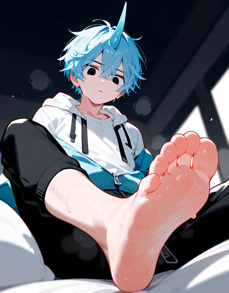 A boy showing his stinky feet low angle,Sitting on the bed, barefoot, Sweating on the soles of the feet, Foot Focus,White T-shirt, Wearing a white and black hooded jacket,Unzipped hooded jacket, There are bangs between the eyes,short hair,Light blue hair, Black pants, Anatomically correct, There is a single blue horn in the middle of the head, black eyes, Look at the audience,Confuse