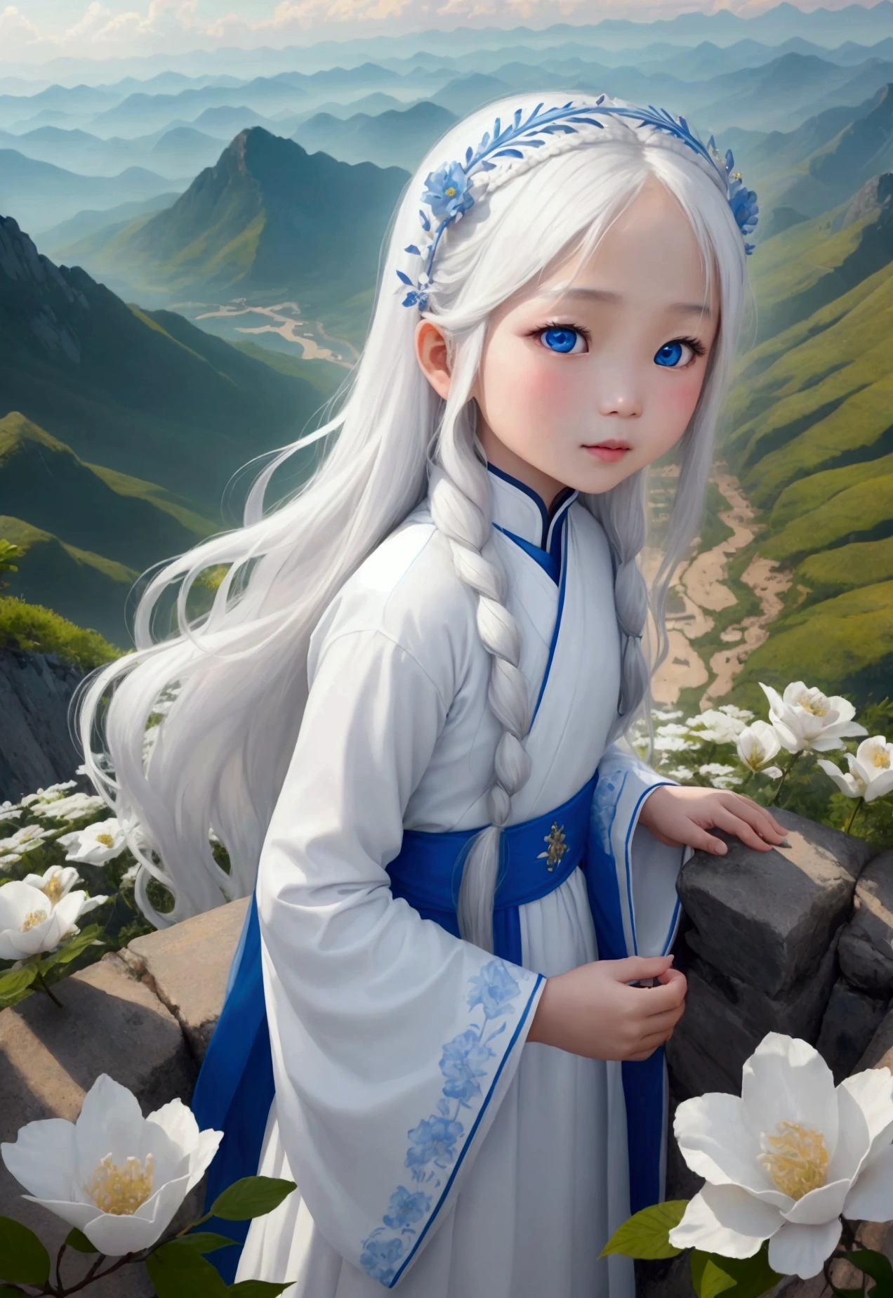 In the style of tiên hiệp, the background is a sect on top of a mountain. A -yeld ginamed Liên, beautiful, with fair skin, long white hair, dressed in white, and blue eyes, is playing joyfully among the flowers