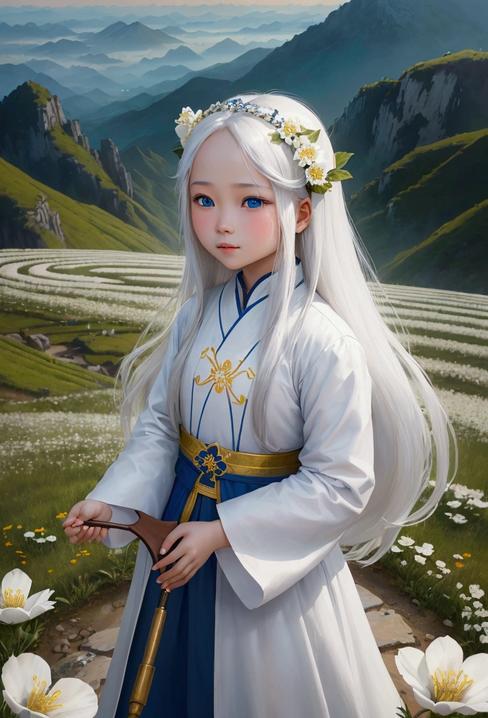 In the style of tiên hiệp, the background is a sect on top of a mountain. A 10-year-old girl named Liên, beautiful, with fair skin, long white hair, dressed in white, and blue eyes, is playing joyfully among the flowers