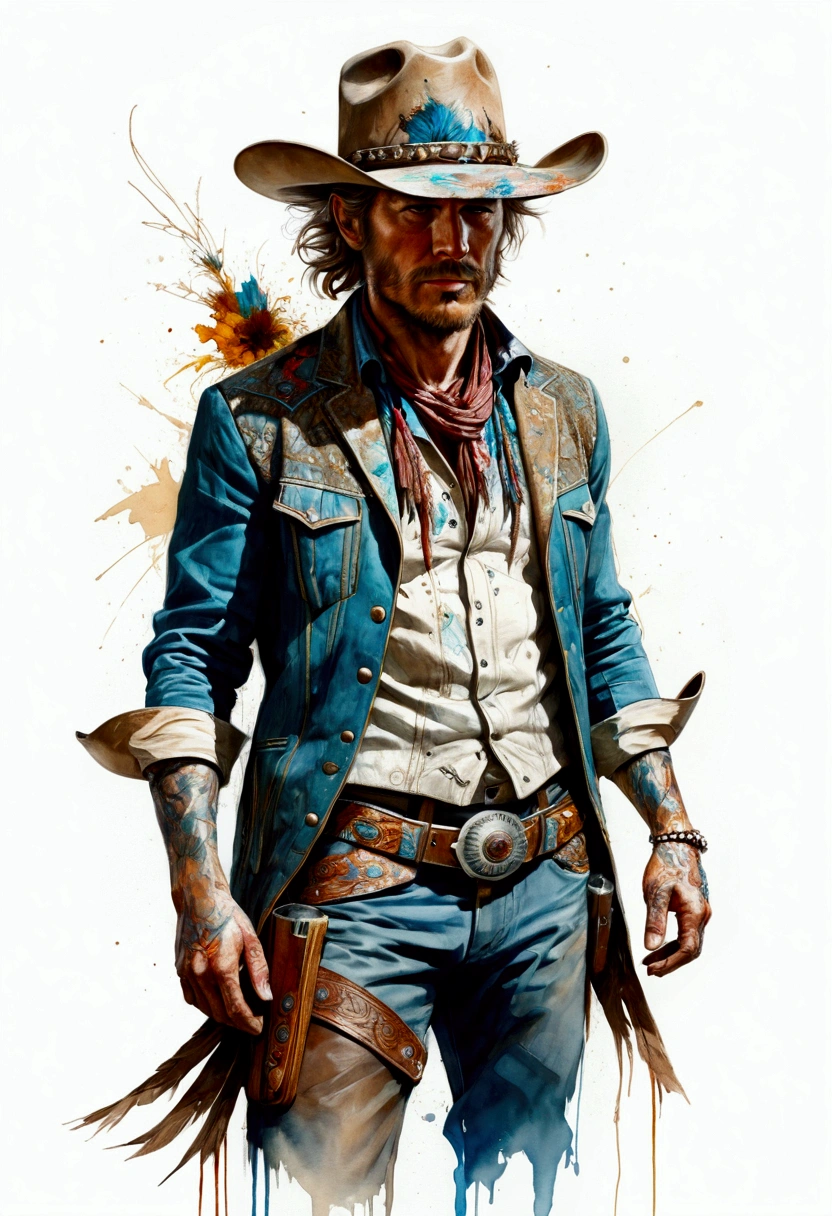 Western Cowboy with hat, full body, by Carne Griffiths, cinematic still, (best quality, masterpiece), very aesthetic, perfect composition, intricate details, ultra-detailed, vivid colors