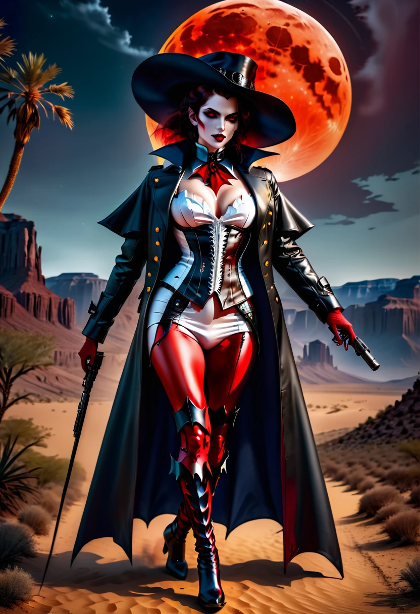 (Victorian photograph style: 1.5) picture of a female vampire cowboy in the desert night, a goth beauty, exquisite beautiful female vampire, ((anatomically correct: 1.5), (ultra detailed face: 1.2), best detailed face, red glowing eyes, full body, busty, wearing white bottom shirt, short skirt, dynamic color. wearing (cowboy hat: 1.2), wearing high heeled boots, wearing open black trench coat, flowing trench coat, she has a pistol in a holster, it is night time in the desert, moon light. moon rays, west America desert canyon background, Hyperrealism style, vibrant, Ultra-high resolution, High Contrast, (masterpiece:1.5), highest quality, Best aesthetics), best details, best quality, highres, ultra wide angle, 16k, [ultra detailed], masterpiece, best quality, (extremely detailed) RAW, chumbasket art style, rpg portrait photograph, BloodSoakedAI, victorianstyle