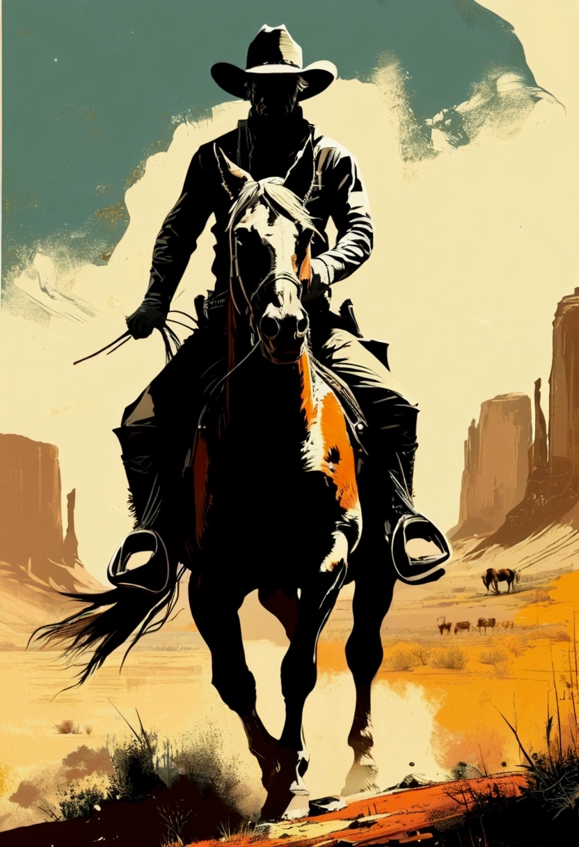 Western Cowboy with hat, full body, by Russ Mills, cinematic still, (best quality, masterpiece), very aesthetic, perfect composition, intricate details, ultra-detailed, vivid colors