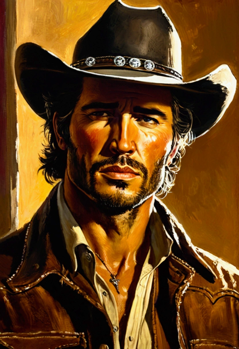 Western Cowboy, full body, by Leonid Afremov, cinematic still, (best quality, masterpiece), very aesthetic, perfect composition, intricate details, ultra-detailed, vivid colors