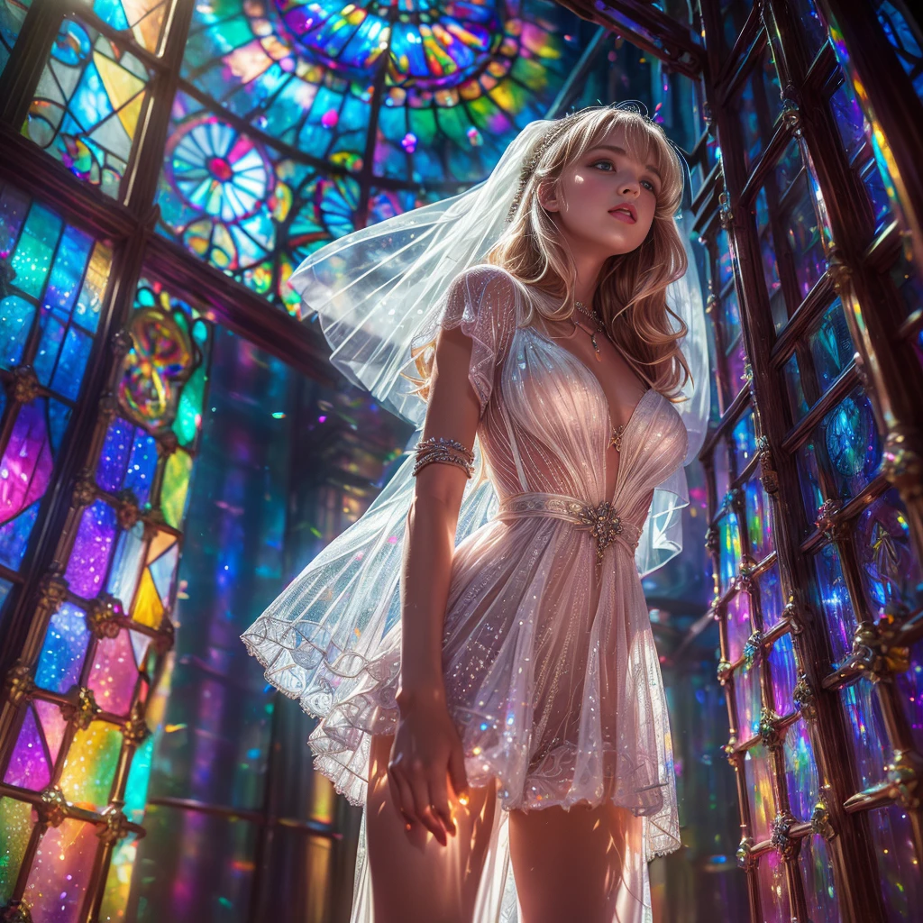  (Cathedral from below:1.28) (ZoomLayer) TopQuality 8K masterpiece of ((Professional photo)), (((Clarisse de Cagliostro))) (Detailed White WeddingDresses), Chain, (((Extremely detailed KAWAII face))) {((VeiledFace))|BlondeHair|(Elaborate BuleEyes)with(SparklingHighlights:1.28)}, The background is distant (((Elaborate stained glass))) Rainbow Glass, {(MysticSight)|EnchantingAtmosphere|Haze|(GodRays)|TyndallEffect}, Radiant PearlSkin with Transparency, (Exposed:0.39)
