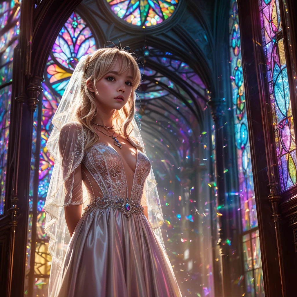 (Cathedral from below:1.28) (ZoomLayer) TopQuality 8K masterpiece of ((Professional photo)), (((Clarisse de Cagliostro))) (Detailed White WeddingDresses), Chain, (((Extremely detailed KAWAII face))) {((VeiledFace))|BlondeHair|(Elaborate BuleEyes)with(SparklingHighlights:1.28)}, The background is distant (((Elaborate stained glass))) Rainbow Glass, {(MysticSight)|EnchantingAtmosphere|Haze|(GodRays)|TyndallEffect}, Radiant PearlSkin with Transparency, (Exposed:0.39)