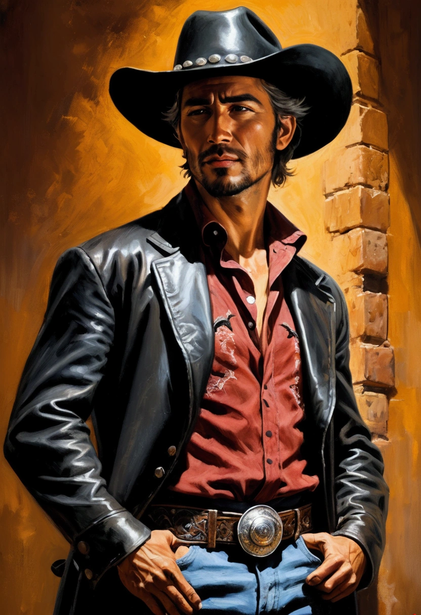 Western Cowboy, full body, by Leonid Afremov, cinematic still, (best quality, masterpiece), very aesthetic, perfect composition, intricate details, ultra-detailed, vivid colors