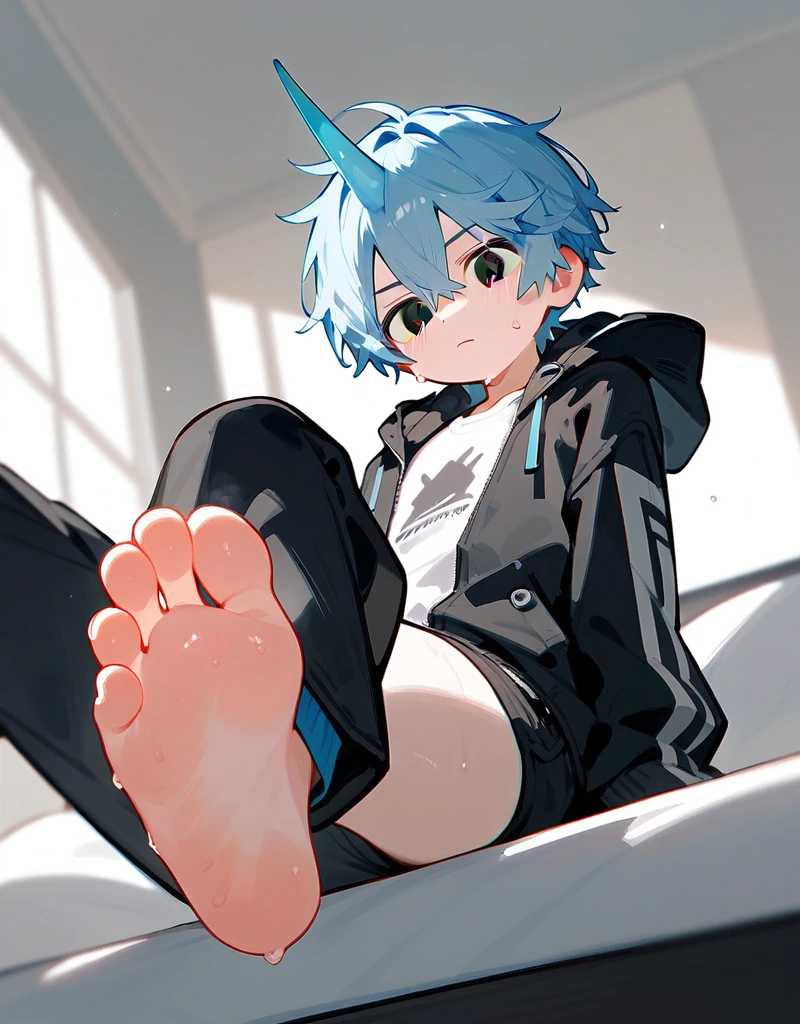 A cute boy showing his stinky feet low angle,Sitting on the bed, barefoot, Sweating on the soles of the feet, Foot Focus,White T-shirt, Wearing a white and black hooded jacket,Unzipped hooded jacket, There are bangs between the eyes,short hair,Light blue hair, Black pants, Anatomically correct, There is a single blue horn in the middle of the head, black eyes, Look at the audience,Confuse