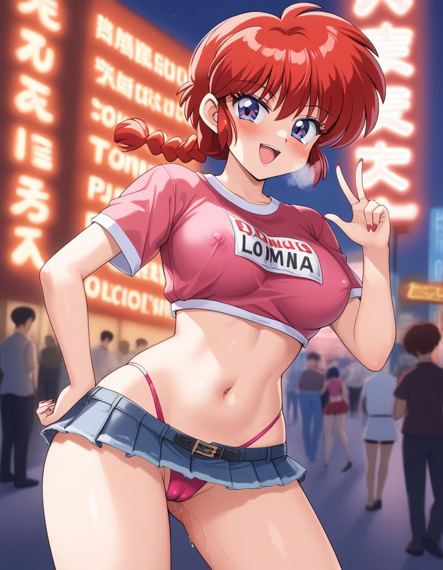 1girl, background, (ranma-chan), blush, red hair, medium breasts, tomboy, one short pigtail, nighttime, hot breath, open mouth, dimmed lighting, standing, city, big ass, wide hips, toned body, wearing slutty prostitute outfit, micro skirt, midriff, prostitute, purple eyeshadow, (detailed fingers), thong peek, tight pink latex top, no bra, 5 fingers, red light, neon light billboards, red-light district, nipple bulge in shirt, pussy juice, (artist: conder), (cameltoe),