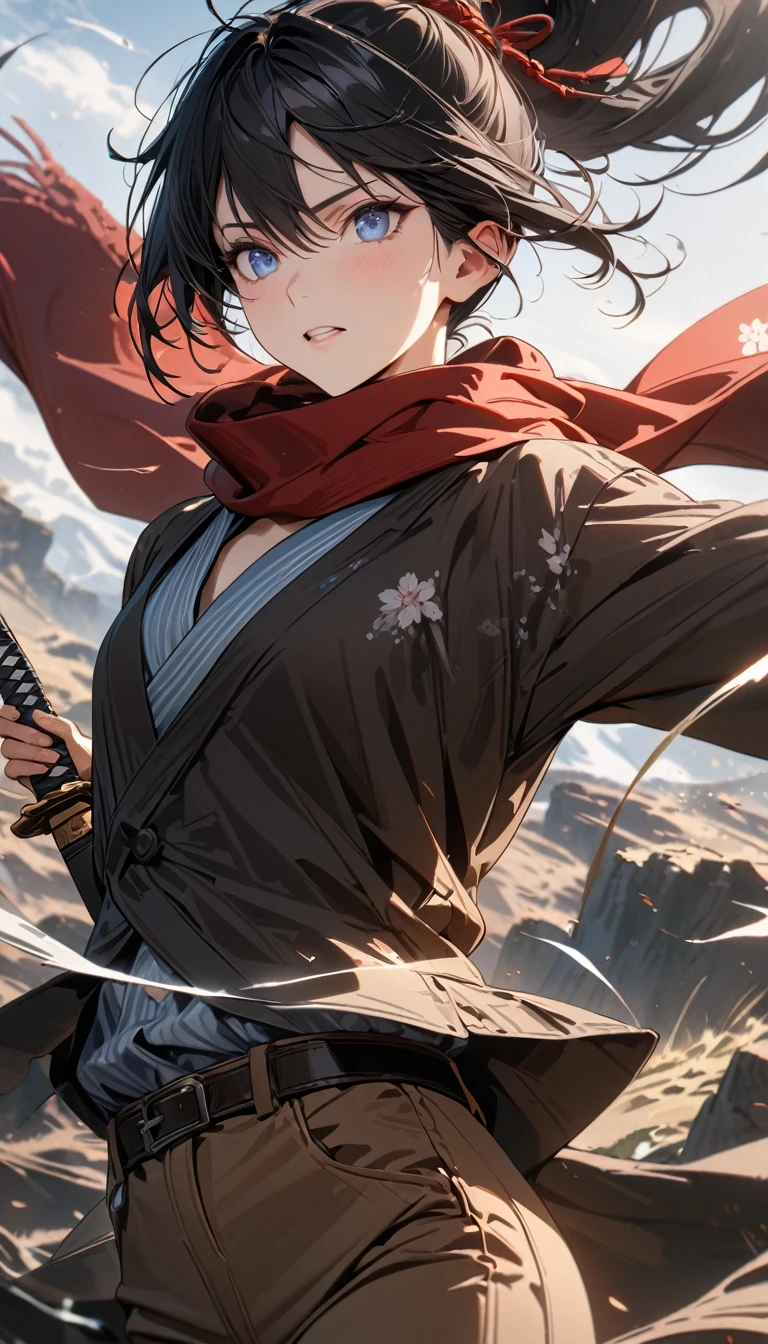 Adult guy, long black hair, high ponytail, blue eyes, brown pants, red scarf, Japanese shirt, katana, wind, Masterpiece, best quality, Full HD, 8k, ultra details, great graphic